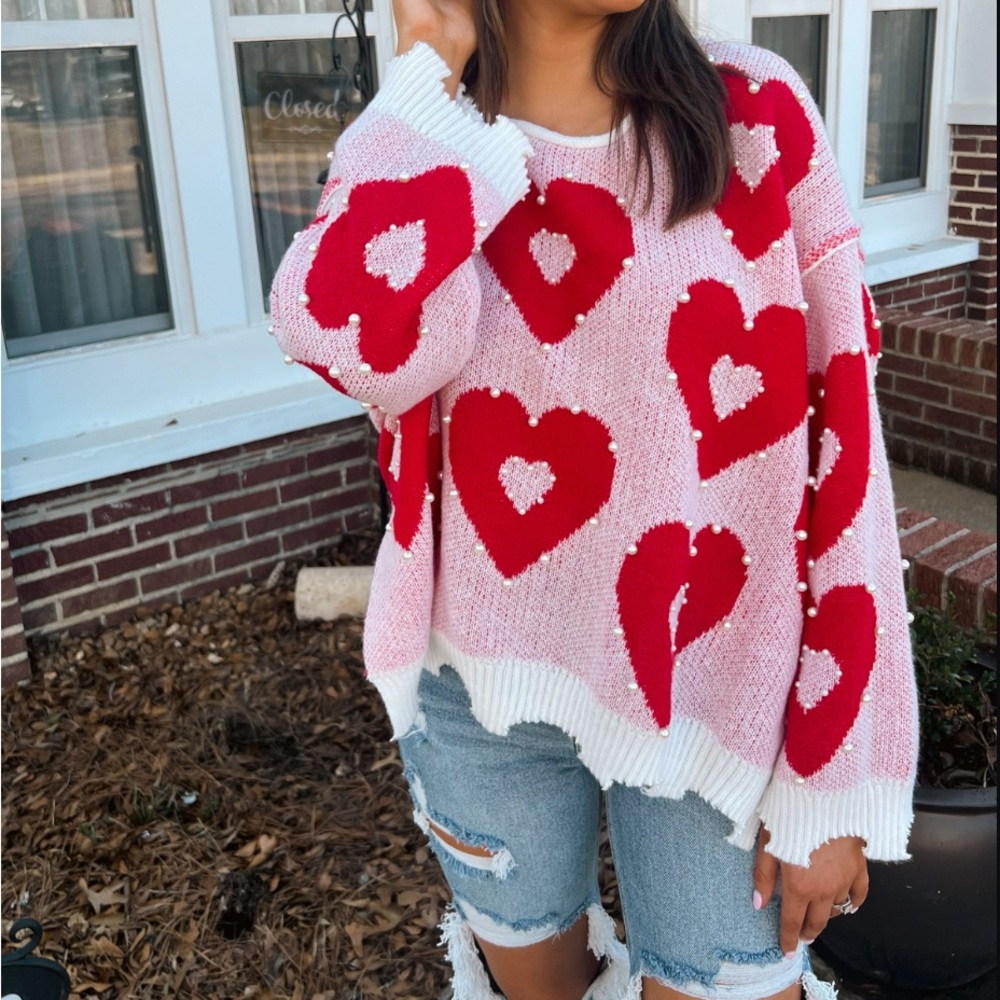 Peach Love & Cali Pearl Embellished Heart Sweater, Runs oversized